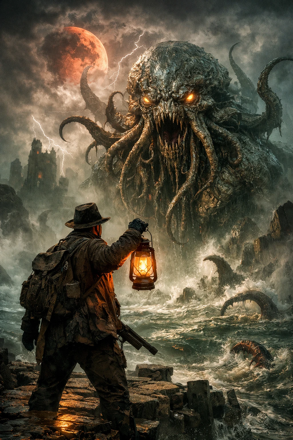 Monstruo eldritch fotorrealista en una escena de terror dramática