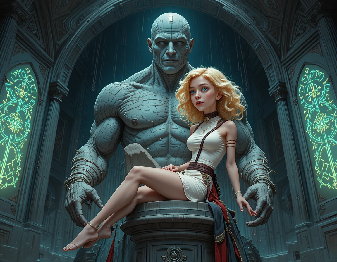 Blonde girl in white and red resting on a pedestal