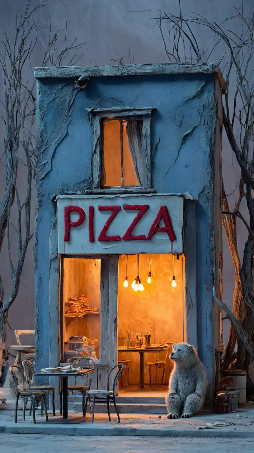 Pizzería Azul Solitaria en un Bosque Neblinoso al Crepúsculo