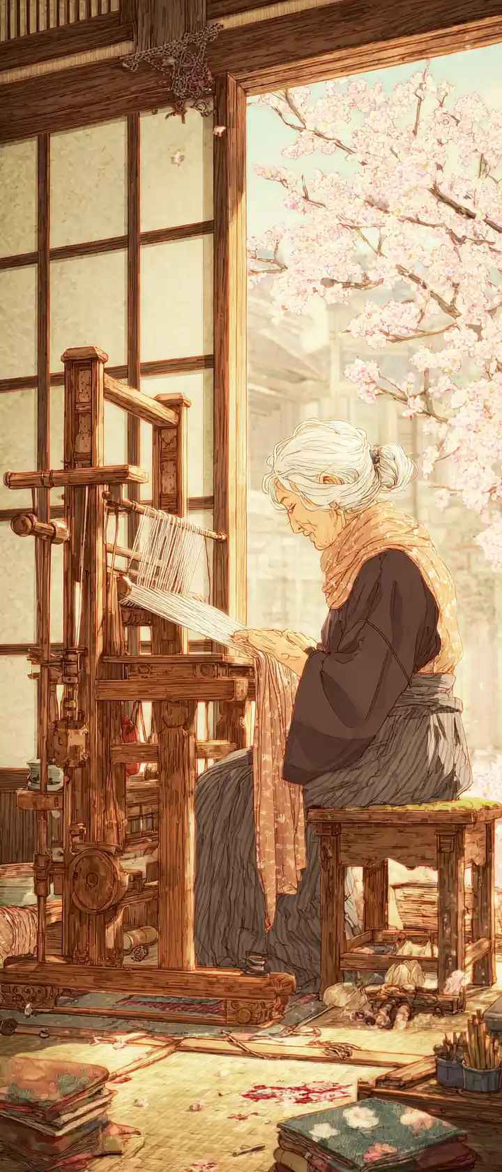 Elderly woman weaving a scarf in a sunlit tatami room