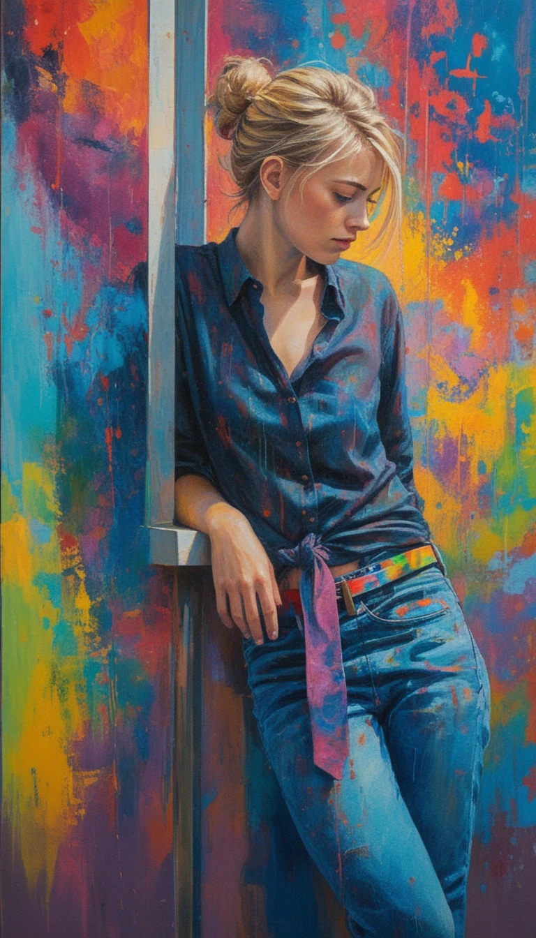 Ragazza bionda pensierosa alla finestra in pittura acrilica