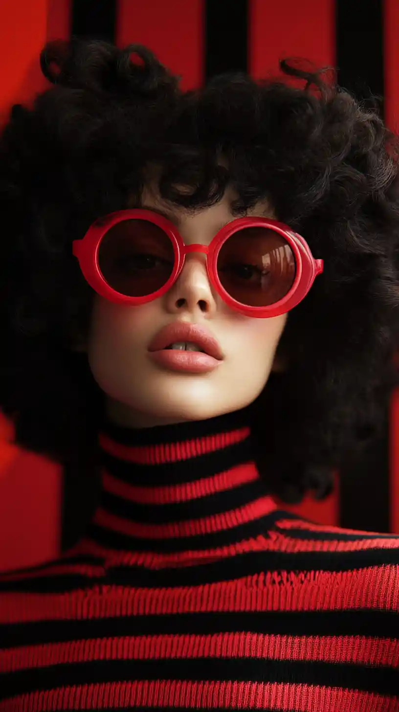 Close up girl with red sunglasses in graphic stripes