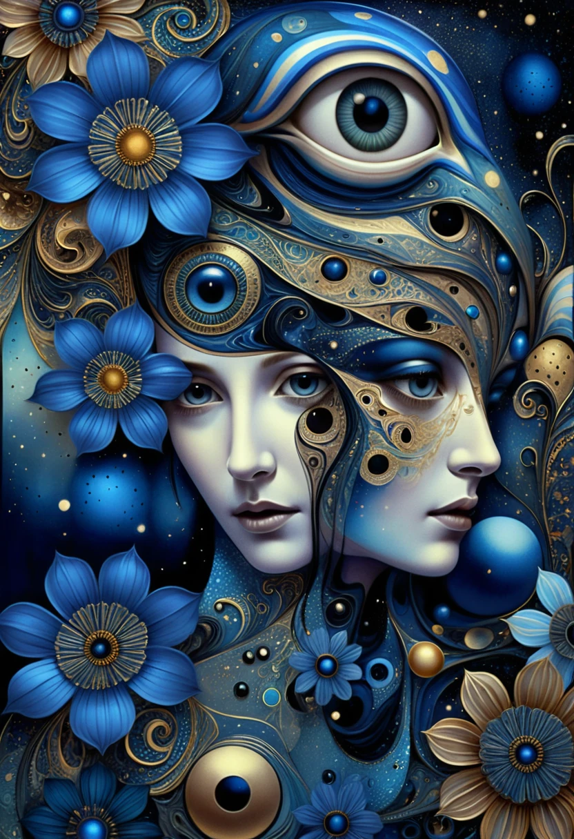 Visages féminins surréalistes fusionnant dans un rêve cosmique abstrait