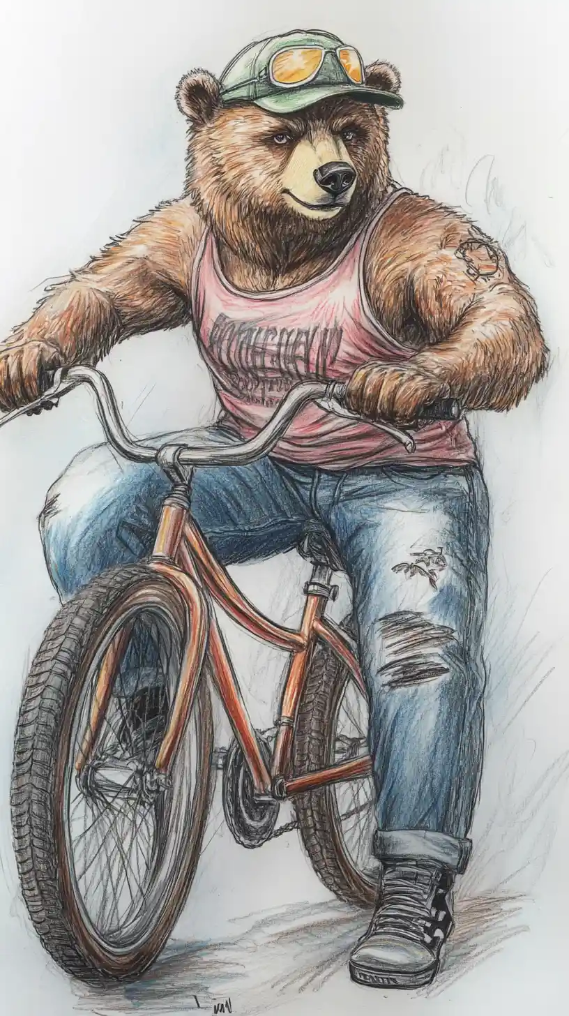 Orso grizzly in bicicletta con outfit casual in jeans