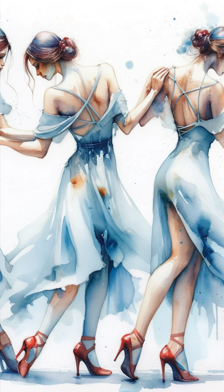 Three women in blue dresses linked in a fluid dance