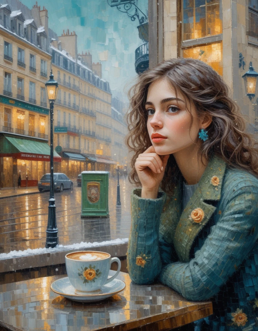 Pensive young woman in a snowy Parisian cafe