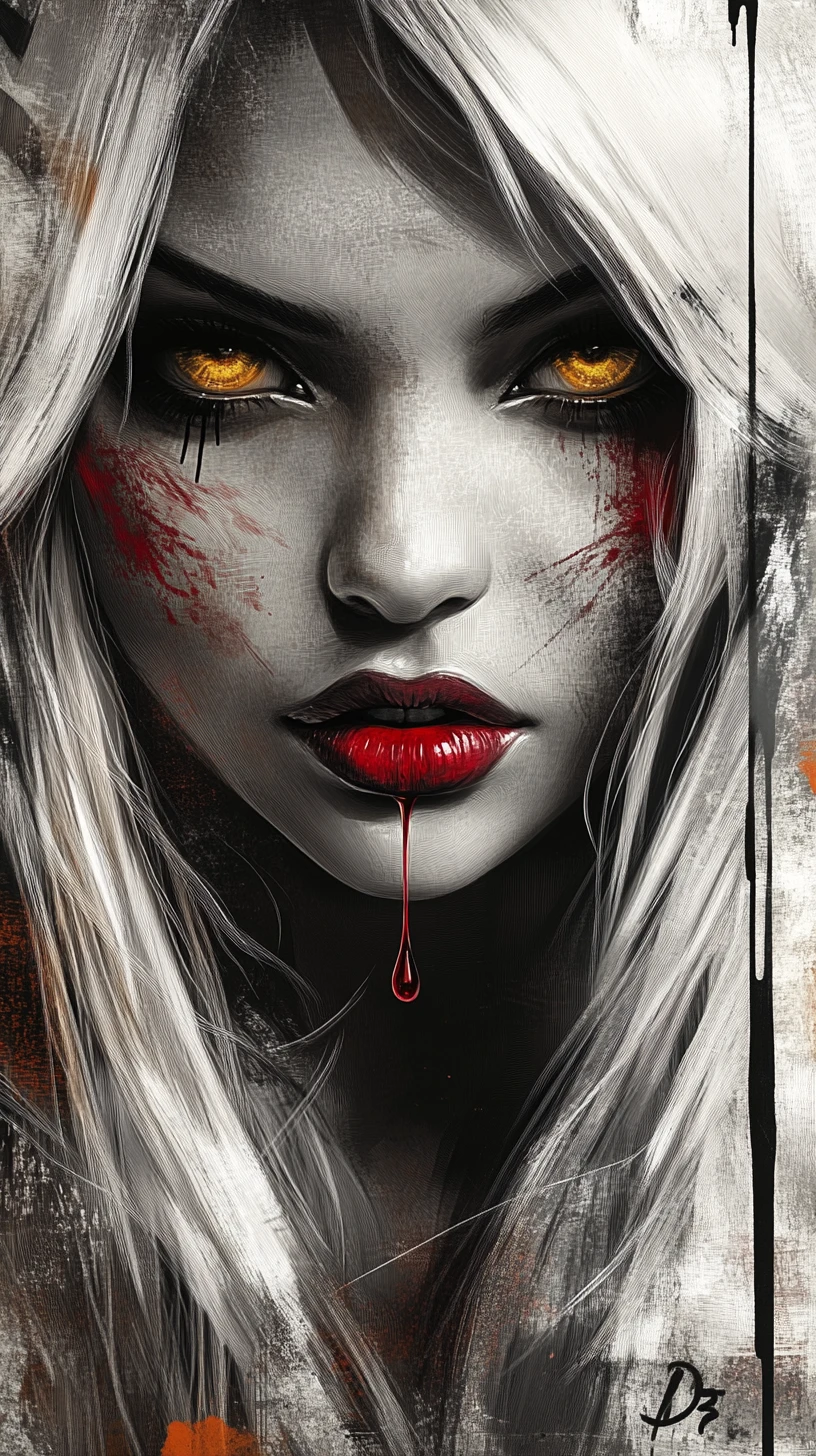 White haired woman with golden eyes and bloody lips
