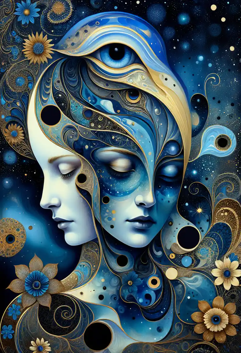 Rostos femininos fundidos em cena cósmica abstrata e surreal
