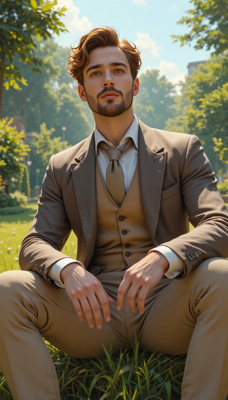 Stylized portrait of a relaxed man in sunlit garden