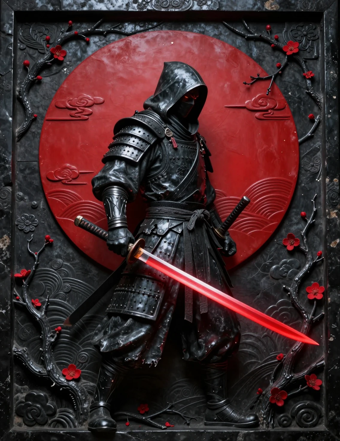 Hooded ninja warrior before a red sun relief background