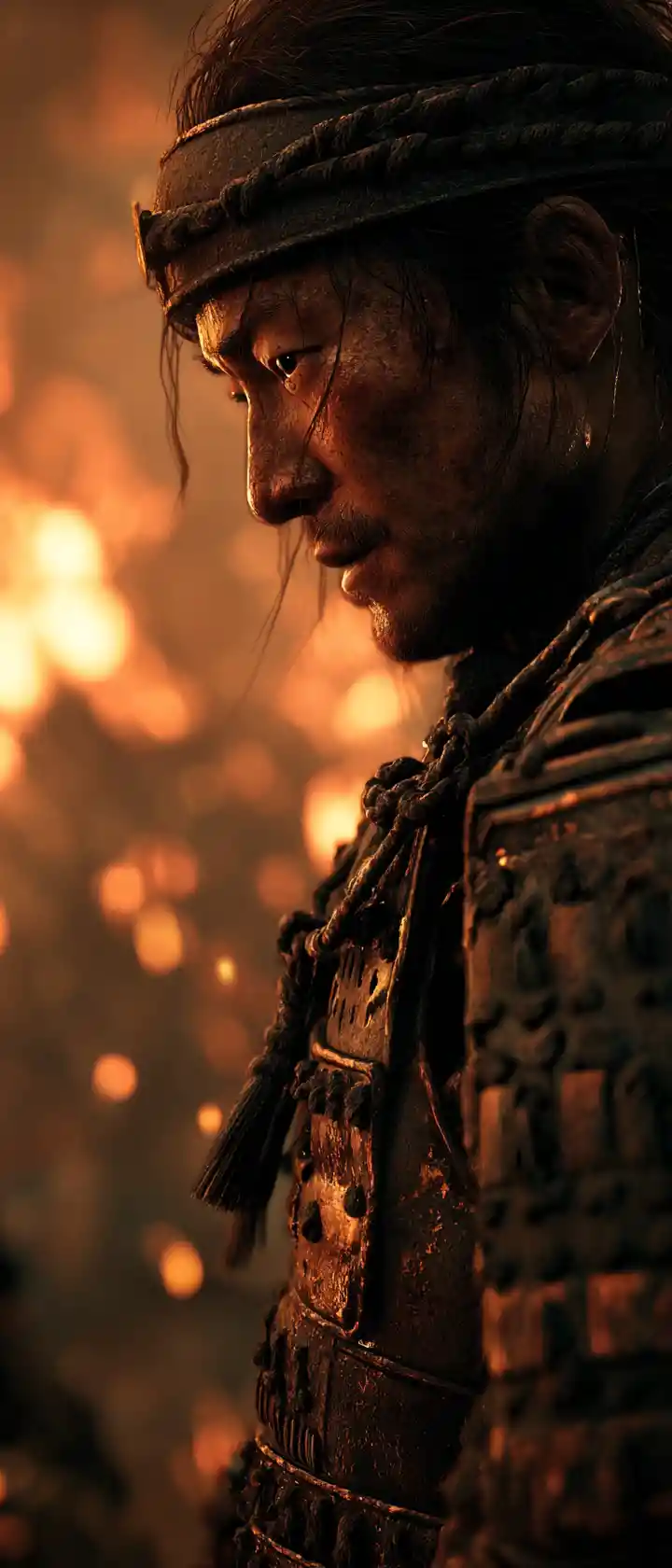 Samurai warrior in armor under embers and smoky light