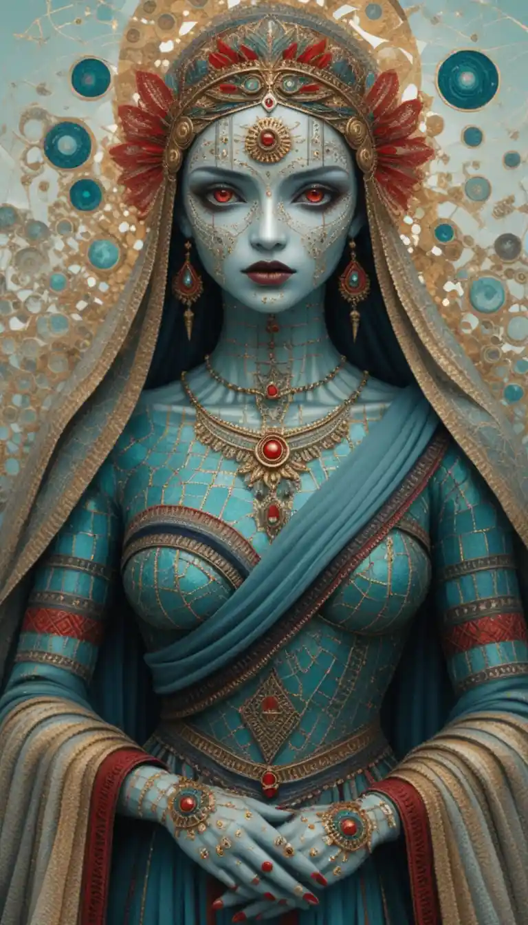 Surreal collage portrait of a cyan skinned woman