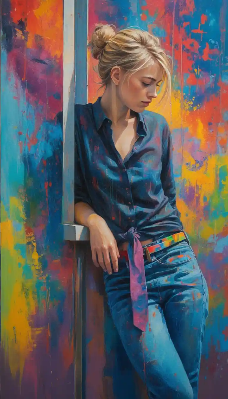 Ragazza bionda pensierosa alla finestra in pittura acrilica