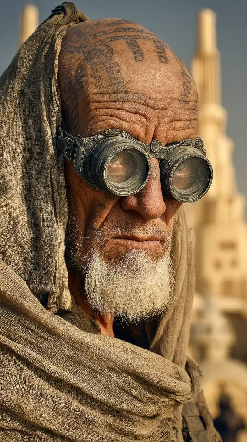 Old man in desert before futuristic apocalypse city skyline