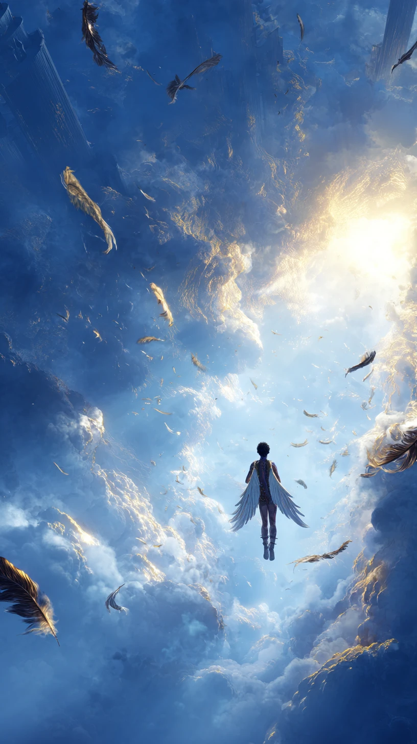 Solitary winged figure ascending toward the distant sun