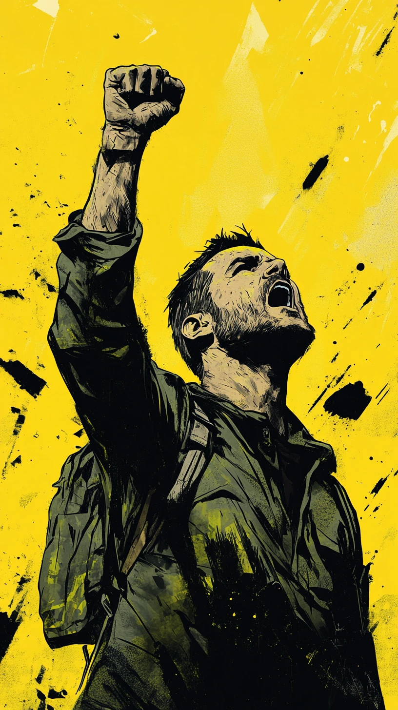 Masked man raising his fist in bold yellow protest art