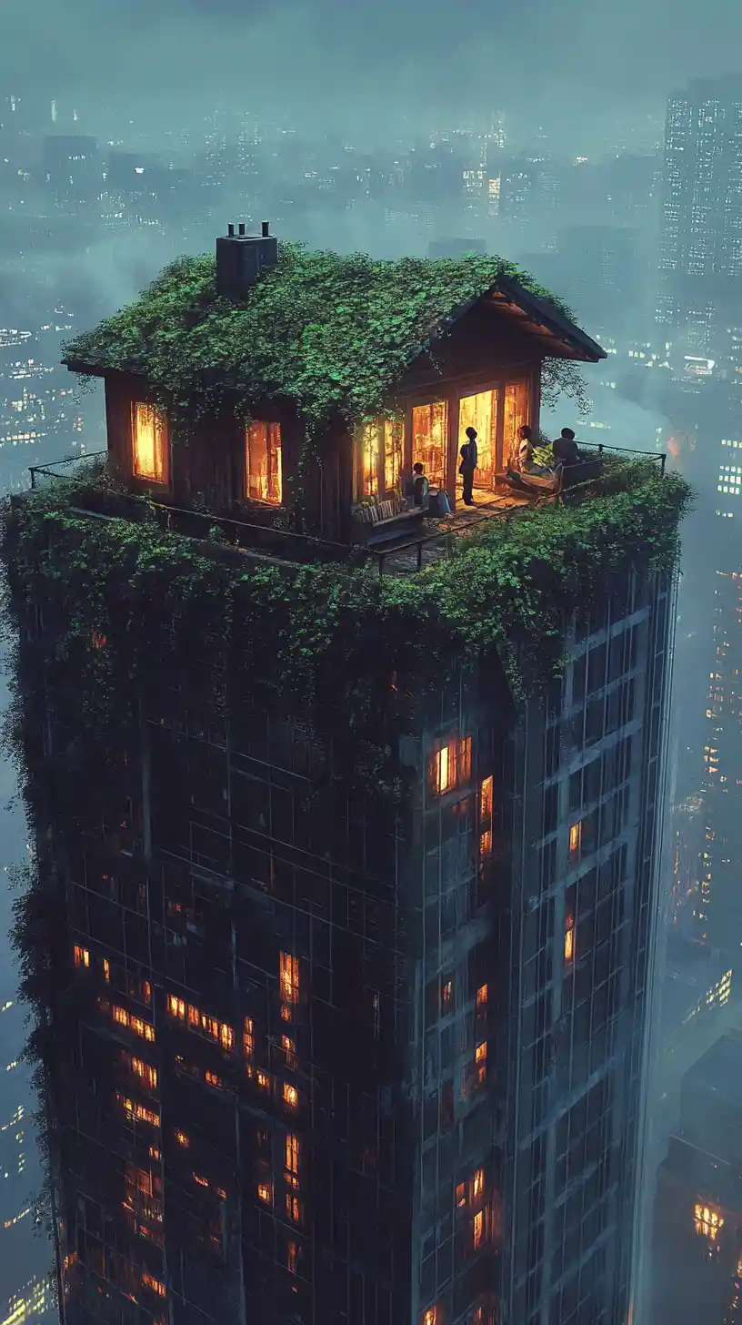 Rustic cottage perched on a towering futuristic skyscraper