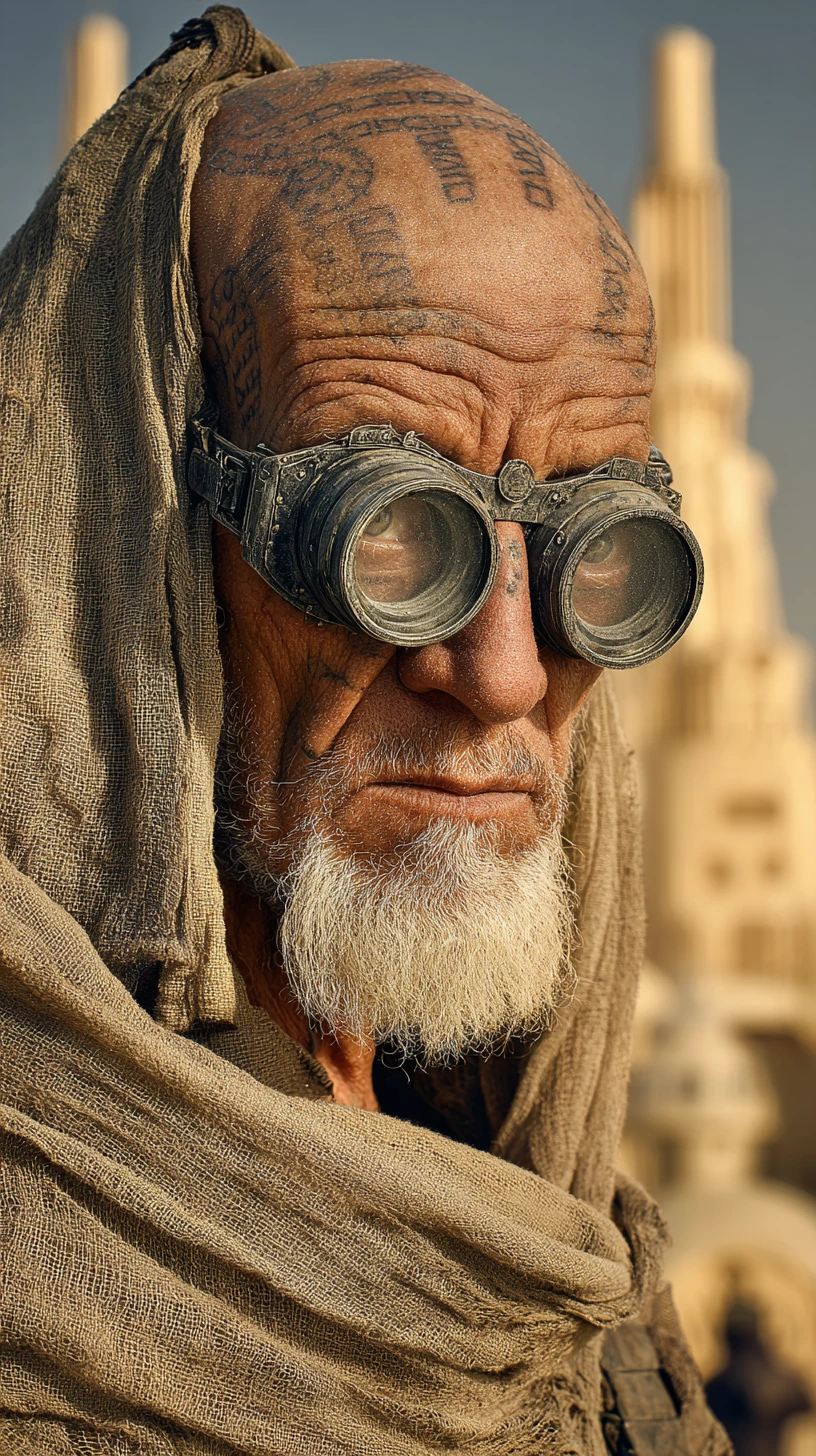 Old man in desert before futuristic apocalypse city skyline