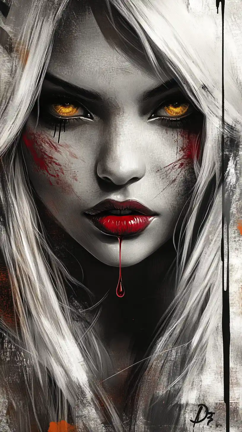White haired woman with golden eyes and bloody lips