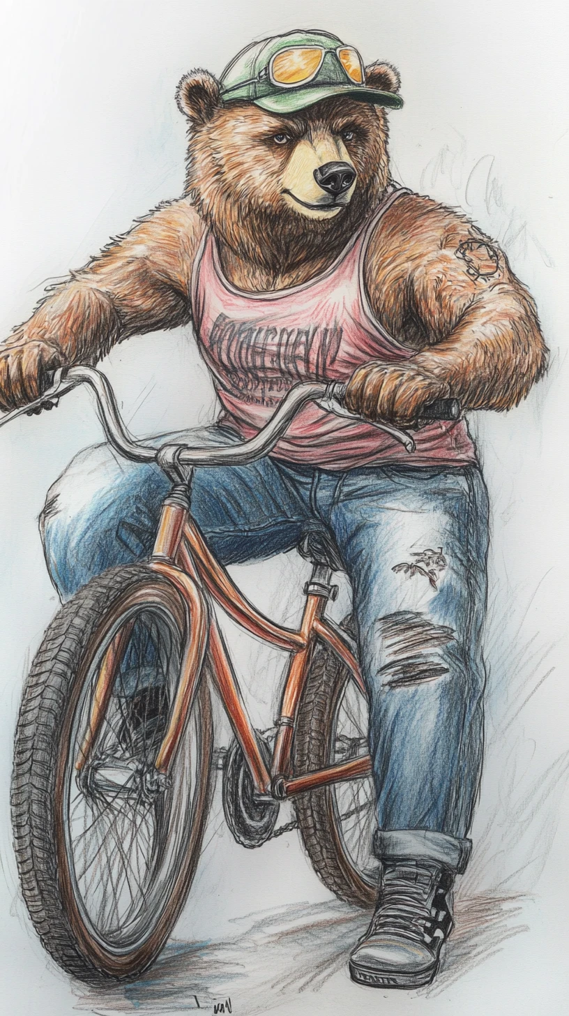 Grizzlybär auf einem Fahrrad in lässigem Jeans-Outfit