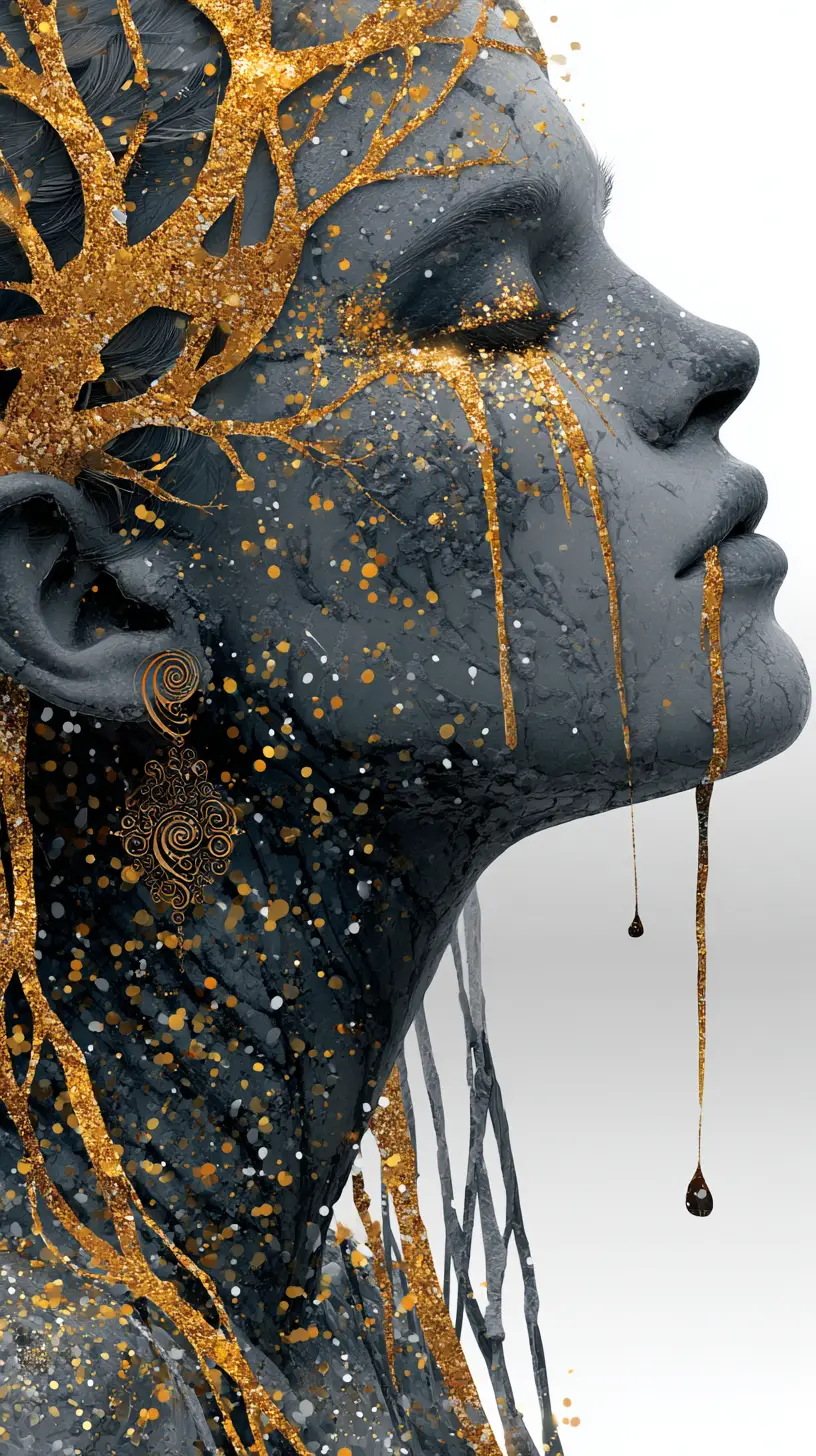 Surreal woman with golden tears and organic crown