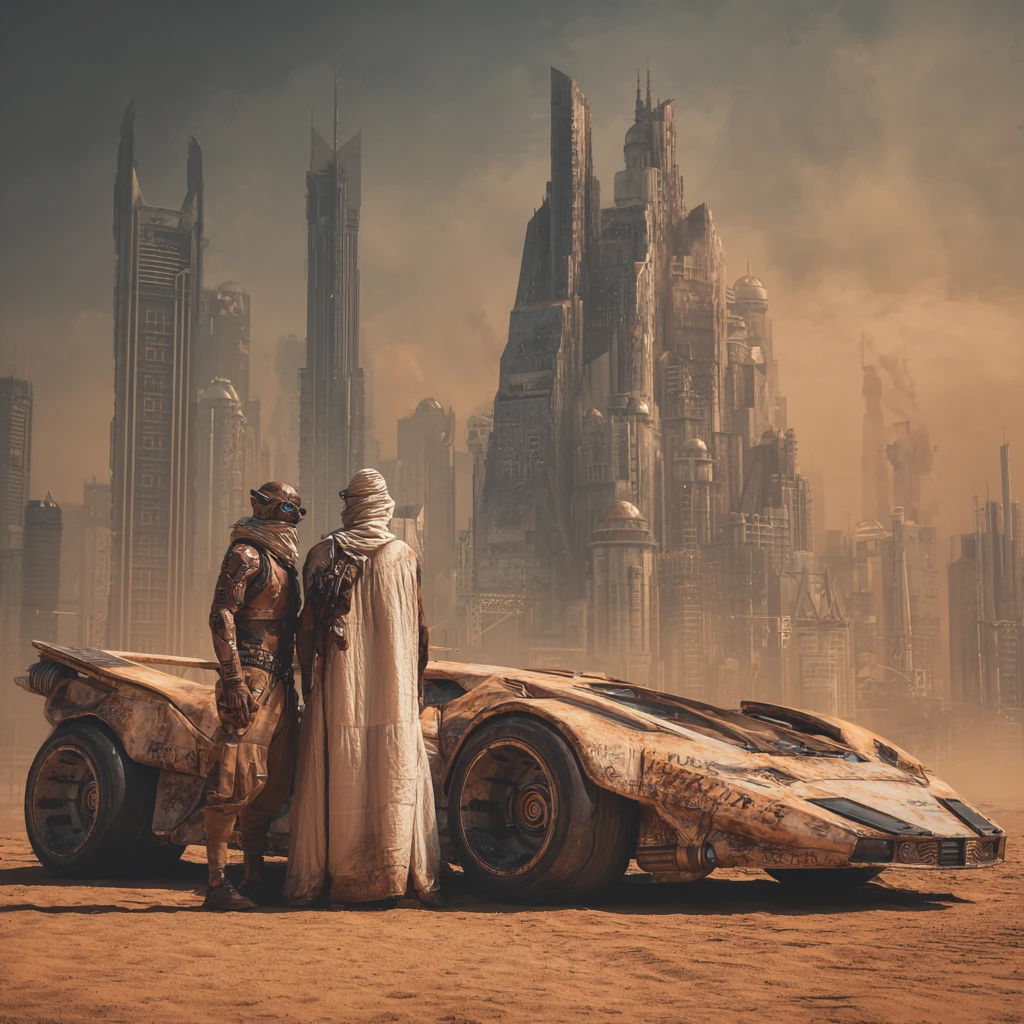 Homem careca em acampamento distópico no deserto diante de cidade futurista art déco