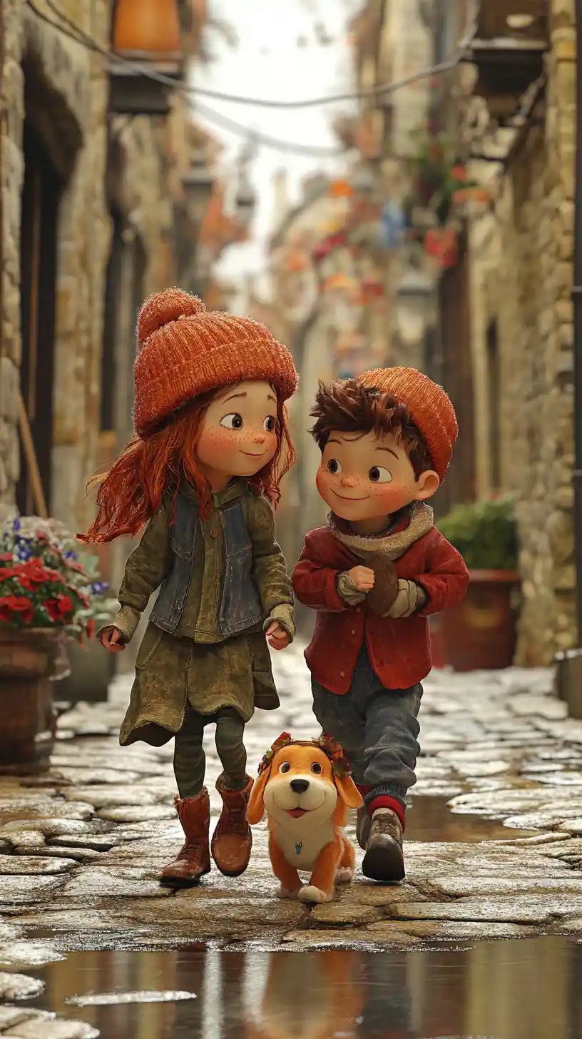 Cheerful Children With Dog On Sunny European Street