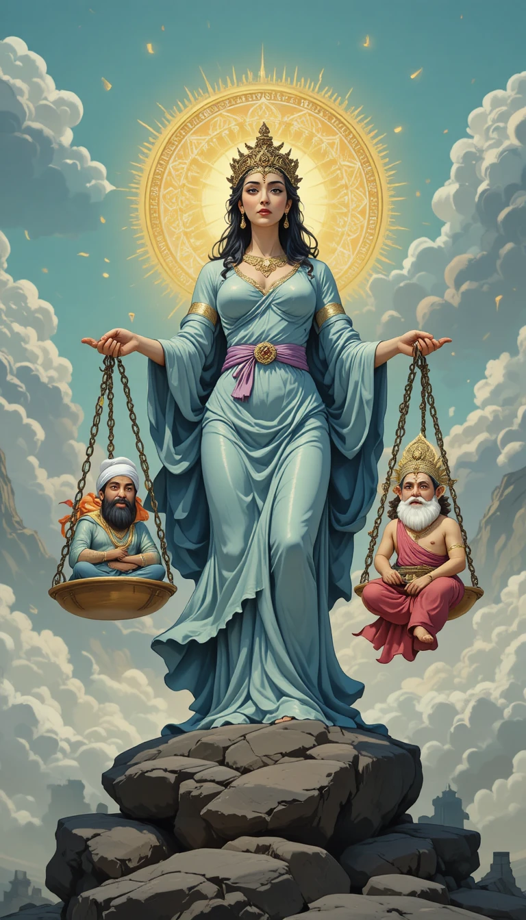 Goddess Of Justice Weighing Cartoon Religious Figures On Scales