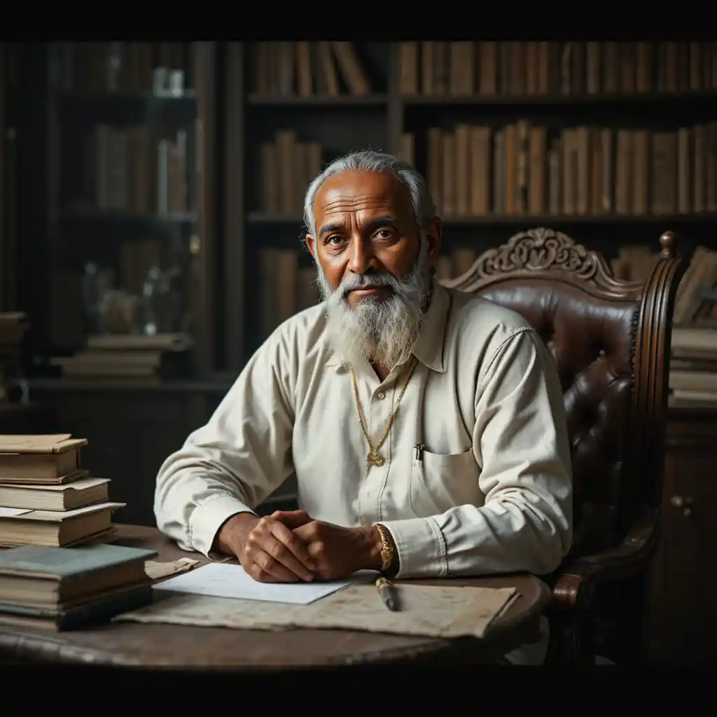 Calm clerk sitting at a wooden desk in office