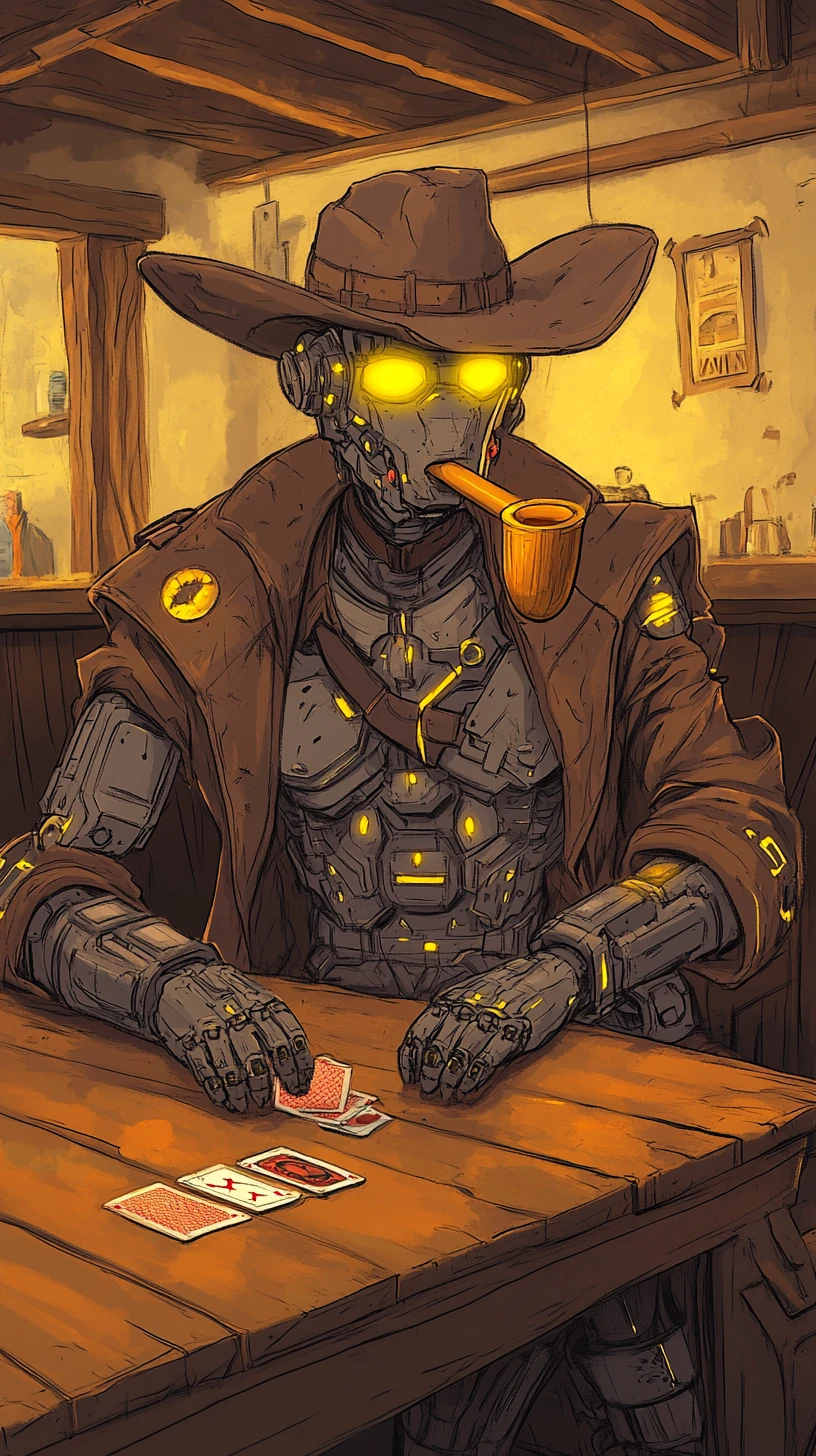 Cowboy robot bull smoking and playing cards in saloon