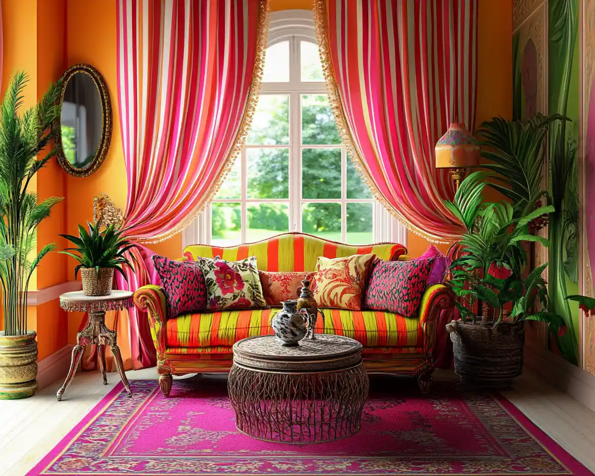 Colorful eclectic living room with boutique funky decor