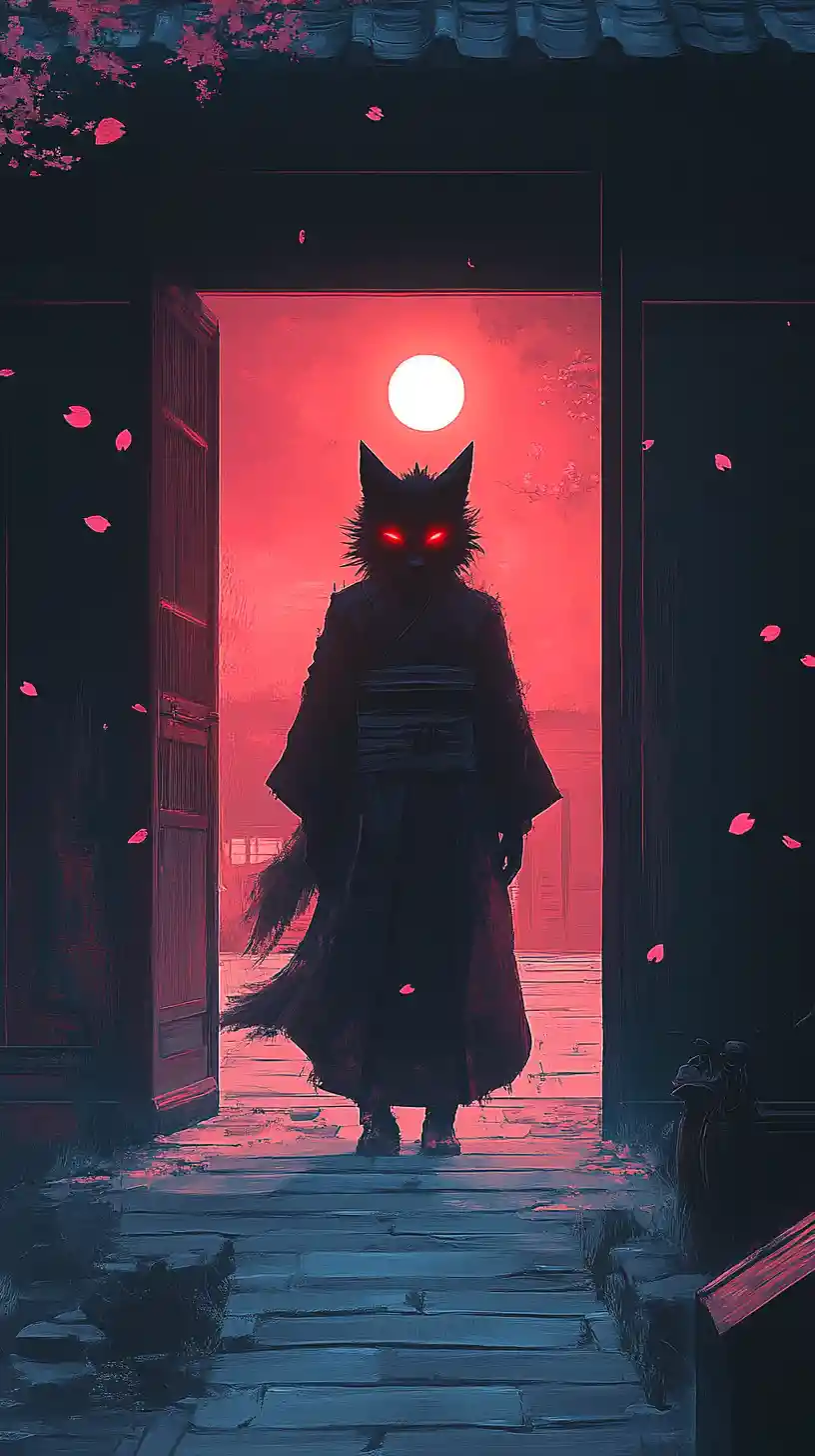 Espírito kitsune de quimono na entrada de um antigo templo japonês