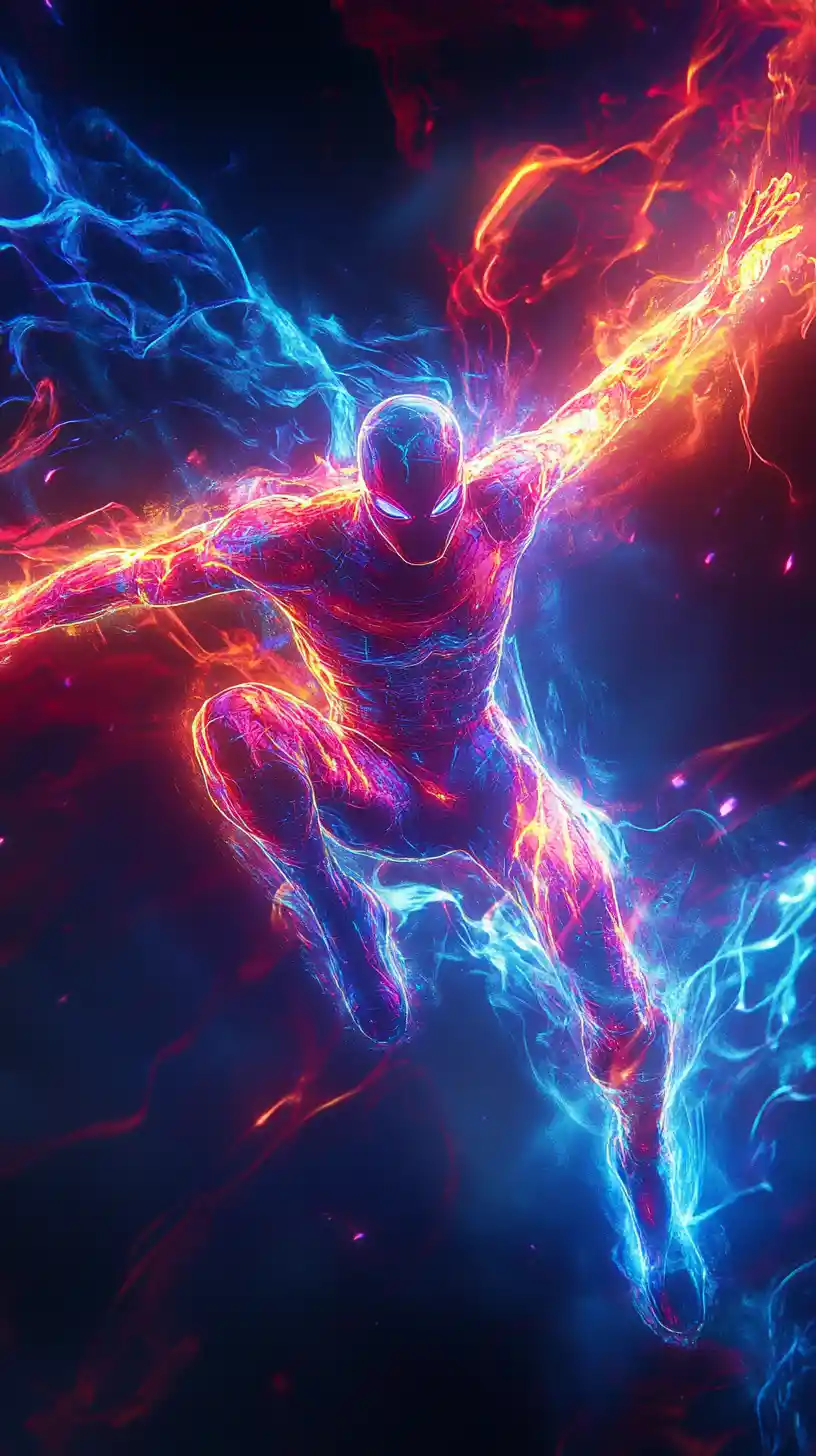Neon superhero leaping through dark energy filled sky