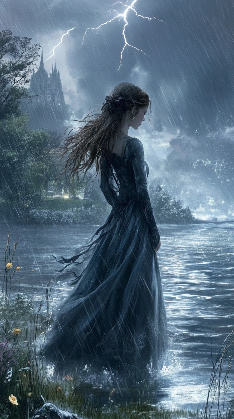 Fantasy girl standing in a stormy lakeside scene