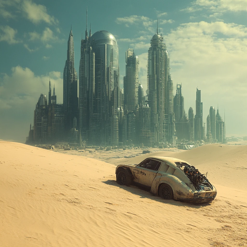 Uomo futuristico calvo in un campo nel deserto davanti a una megacittà art déco