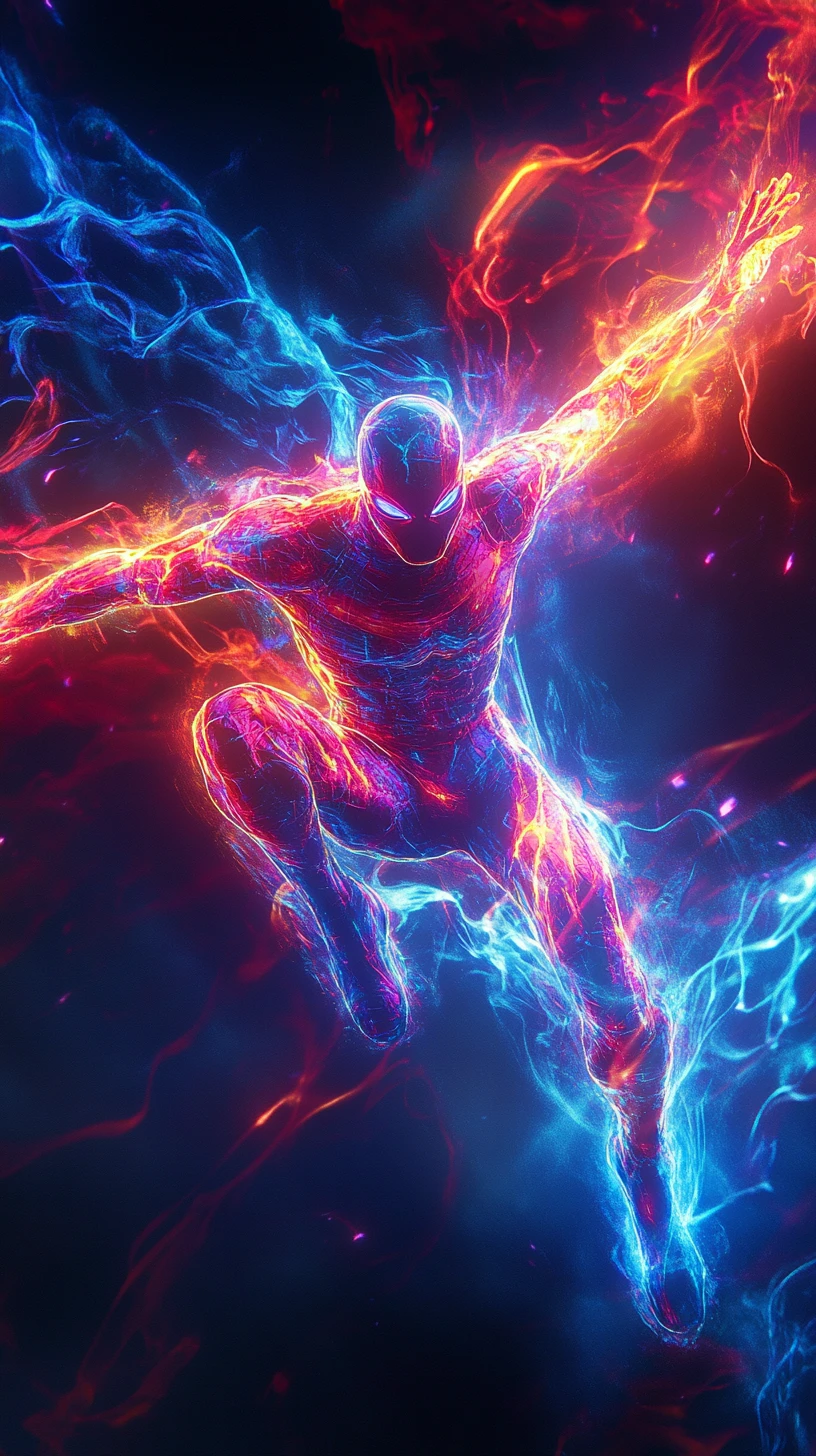 Neon-Superheld springt durch einen von dunkler Energie erfüllten Himmel