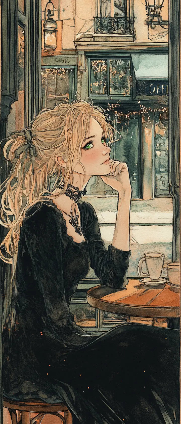 Dreamy Gothic Girl In A Cozy Parisian Cafe Illustration