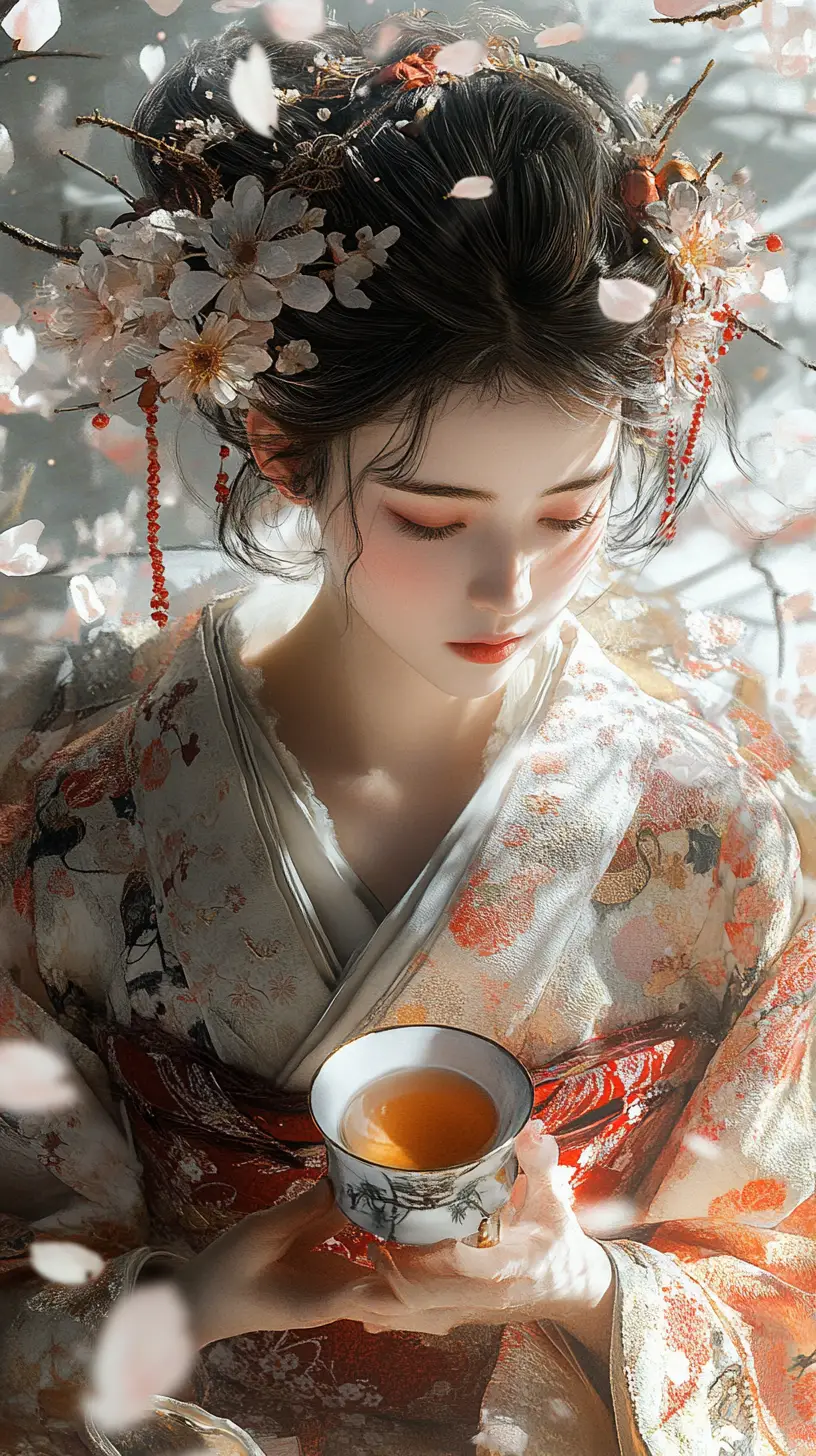 Young Japanese woman in kimono with falling cherry blossoms