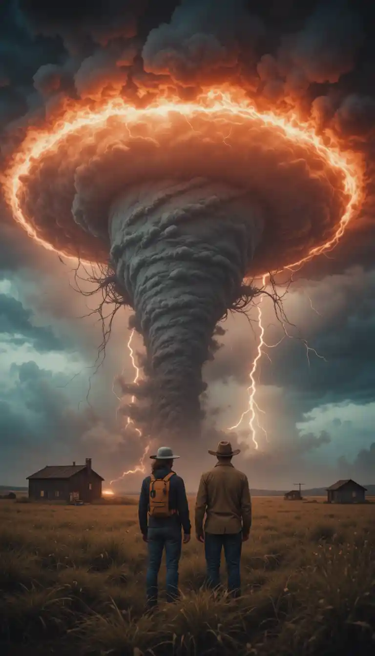 Storm chaser couple facing violent tornado in open landscape