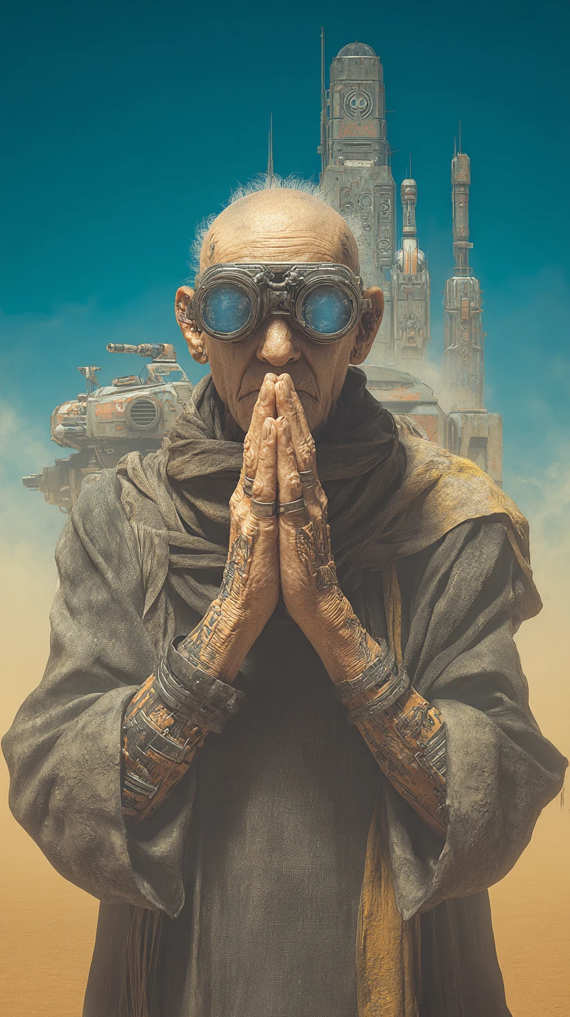 Vieil homme dans le désert devant une métropole futuriste art déco