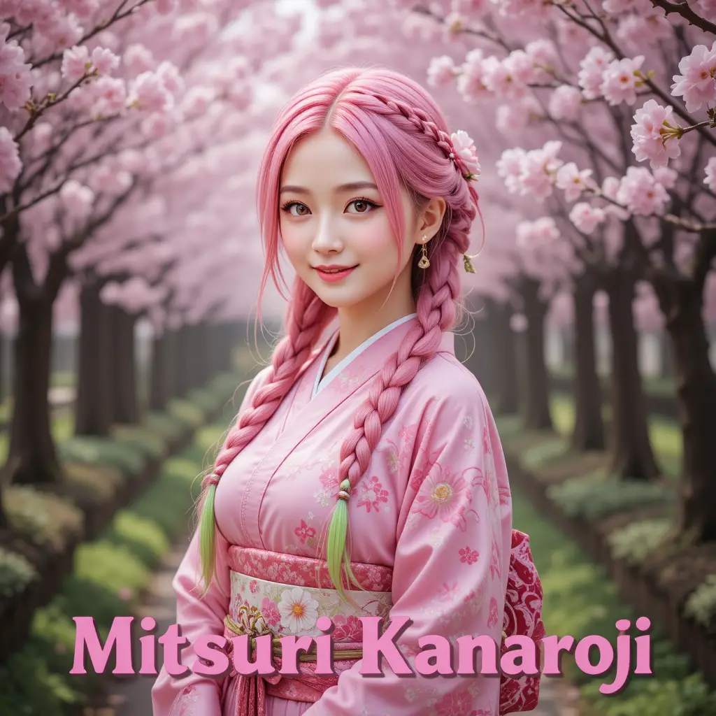 Smiling anime girl under blooming cherry blossoms