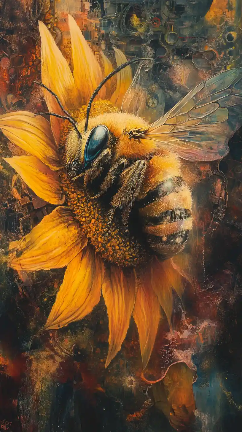 Abeja psicodélica sobre girasol en colores abstractos surrealistas