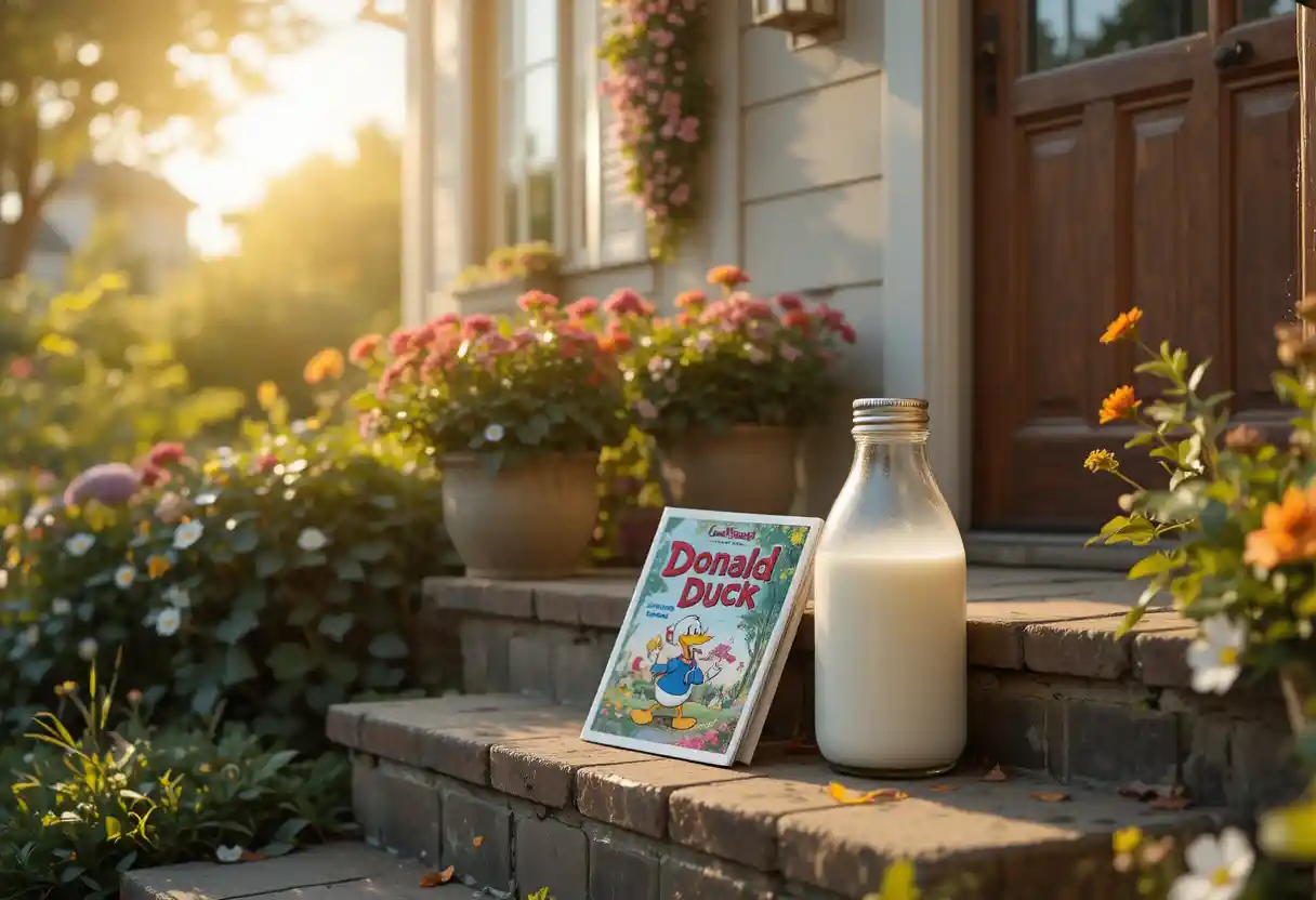 Bottiglia di latte vintage e rivista sulla soleggiata soglia del giardino
