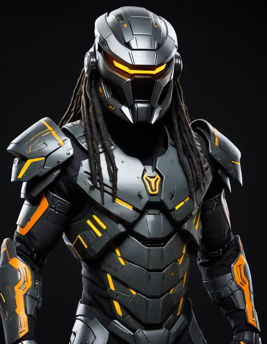 Cyber soldier in neon camouflage armor with predator helmet