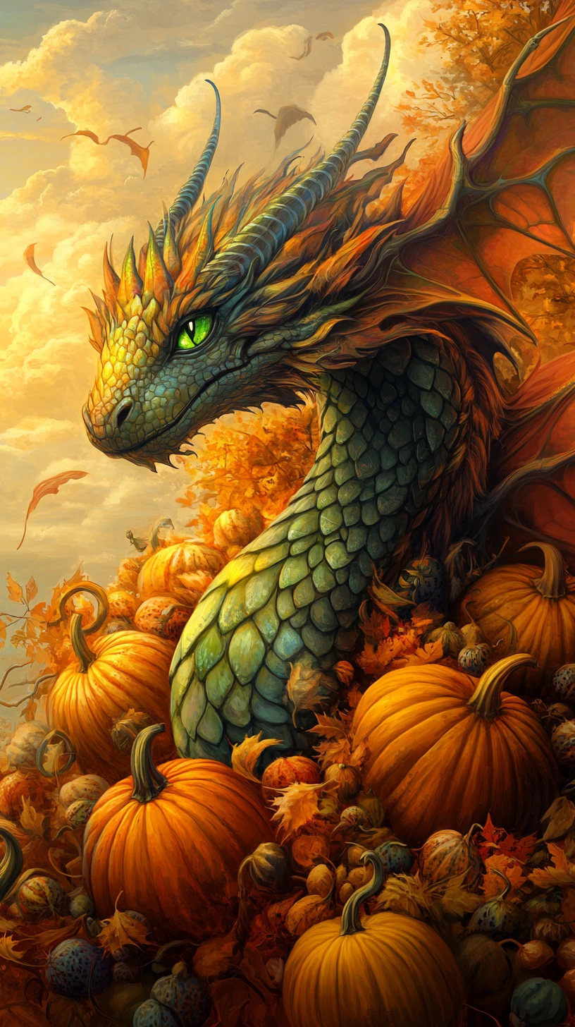 Dragón místico que surge de calabazas en un paisaje otoñal