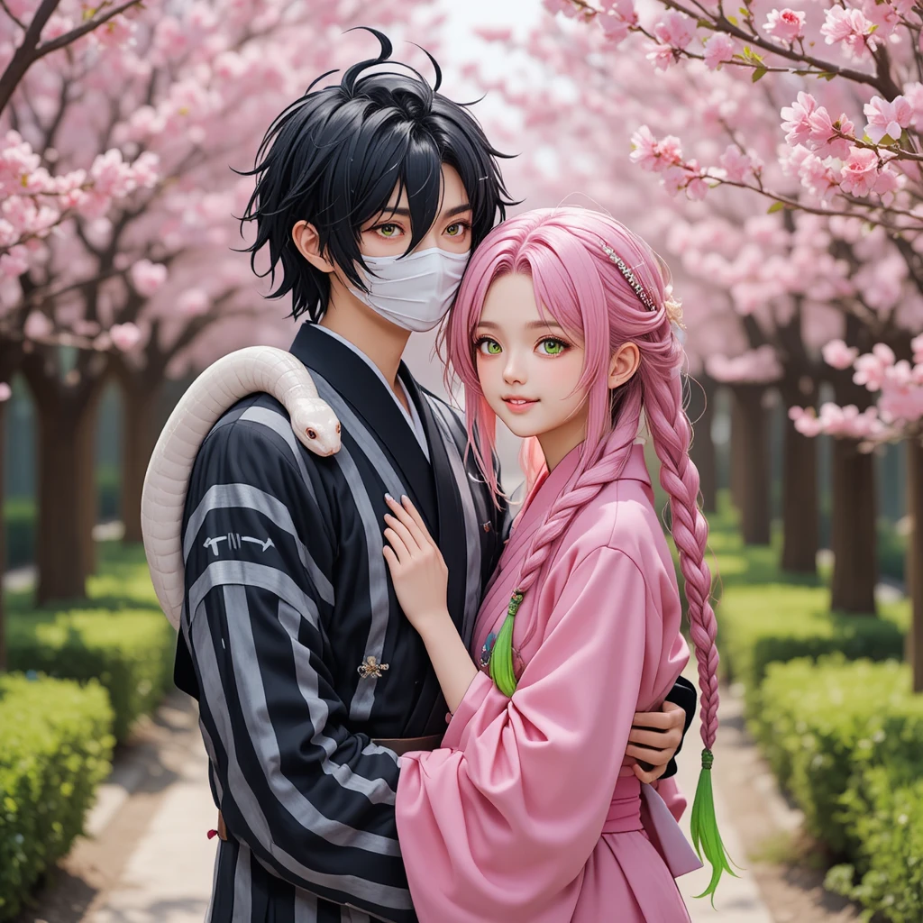 Anime couple hugging under blooming cherry blossom trees
