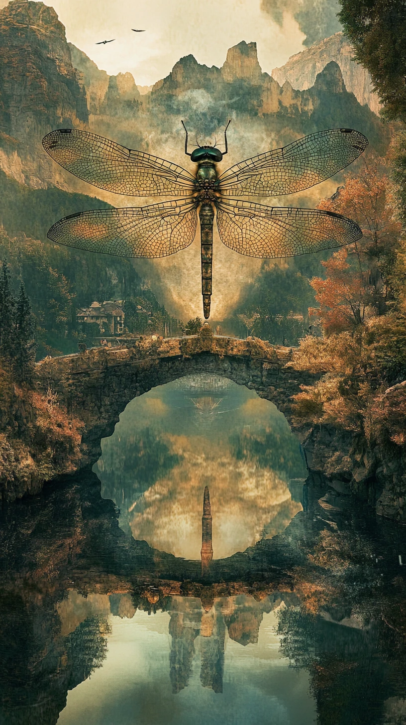 Surreal illusion of a dragonfly in a multi layered scene