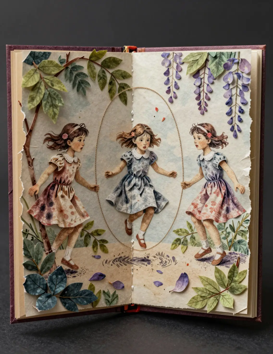 Open pop up book with origami girls jumping rope