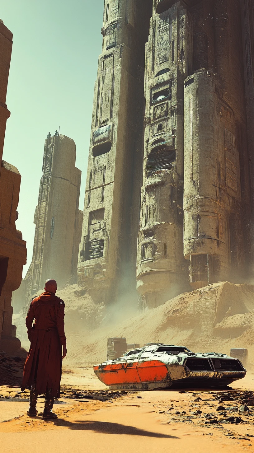 Bald sci fi man in dystopian desert metropolis