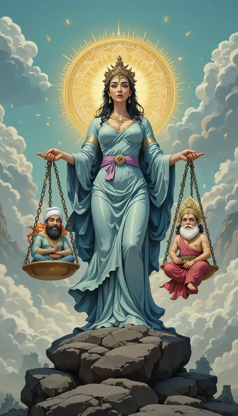 Goddess Of Justice Weighing Cartoon Religious Figures On Scales